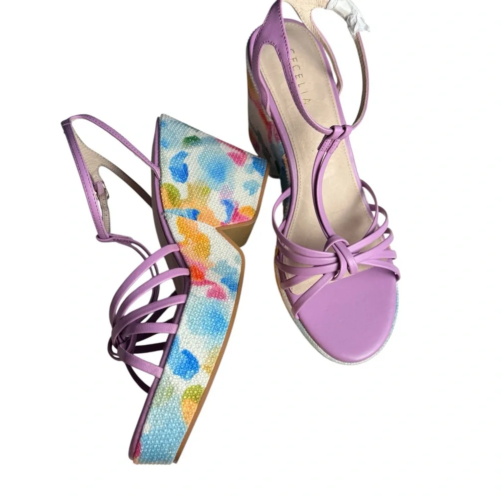 Cecelia Justine Leather Wedge Sandals Lavender Floral Platform US 9.5 New